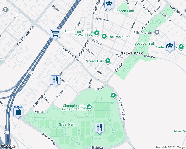 map of restaurants, bars, coffee shops, grocery stores, and more near 669 Beacon in Irvine