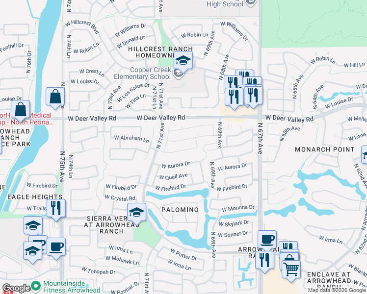 map of restaurants, bars, coffee shops, grocery stores, and more near 6983 West Lone Cactus Road in Glendale