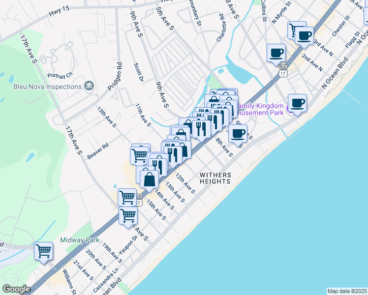 map of restaurants, bars, coffee shops, grocery stores, and more near 1012 South Kings Highway in Myrtle Beach