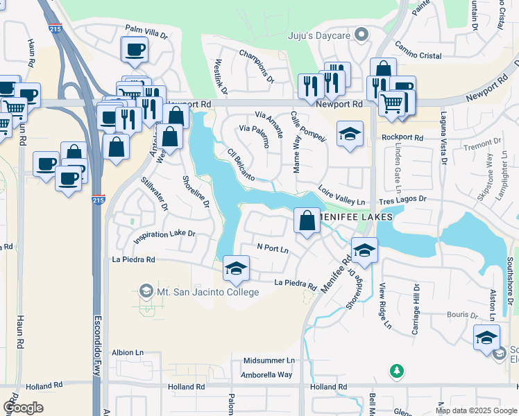 map of restaurants, bars, coffee shops, grocery stores, and more near 28604 Bridge Water Lane in Menifee