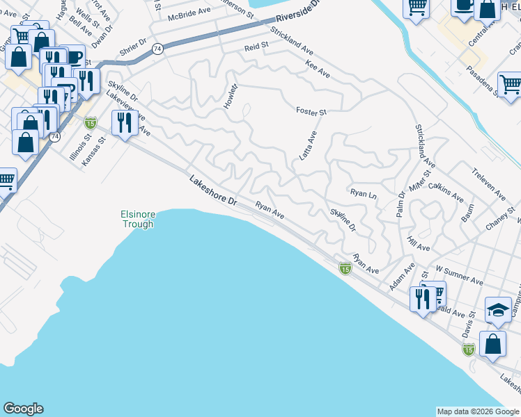 map of restaurants, bars, coffee shops, grocery stores, and more near Ryan Avenue in Lake Elsinore