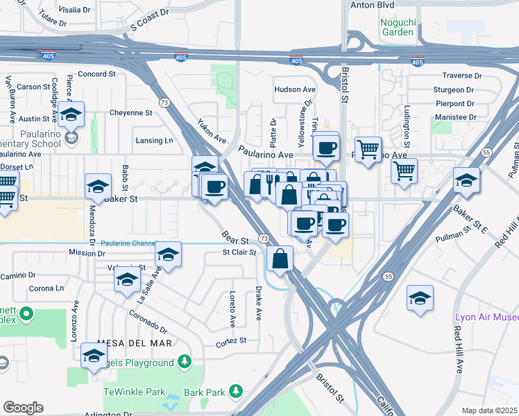 map of restaurants, bars, coffee shops, grocery stores, and more near 845 Baker Street in Costa Mesa
