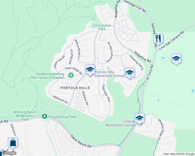 map of restaurants, bars, coffee shops, grocery stores, and more near 19445 Dorado Drive in Trabuco Canyon