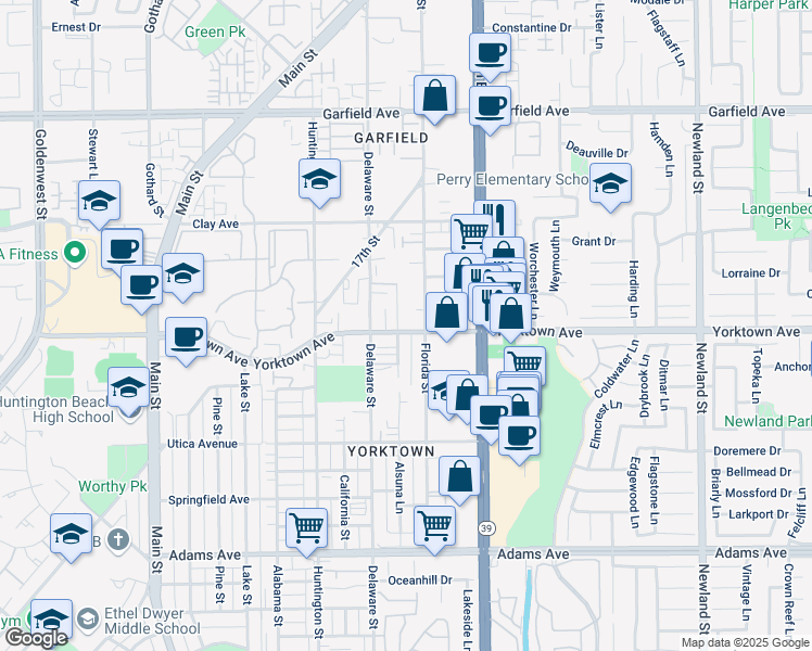 map of restaurants, bars, coffee shops, grocery stores, and more near 3 Yorktown Avenue in Huntington Beach
