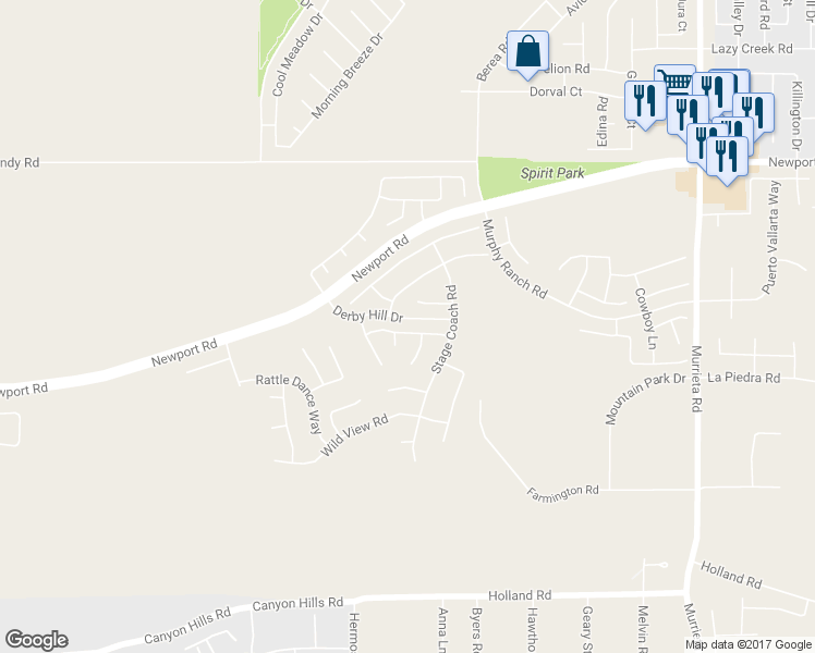 map of restaurants, bars, coffee shops, grocery stores, and more near 25442 Wagon Trail Lane in Menifee