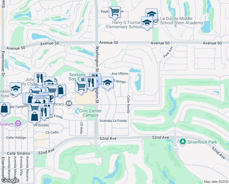 map of restaurants, bars, coffee shops, grocery stores, and more near 50798 Calle Quito in La Quinta