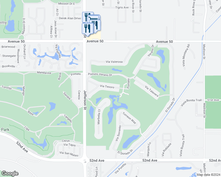 map of restaurants, bars, coffee shops, grocery stores, and more near 80257 Vía Tesoro in La Quinta