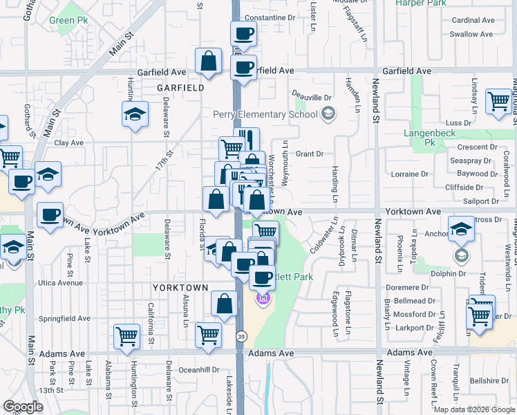 map of restaurants, bars, coffee shops, grocery stores, and more near 8081 Yorktown Avenue in Huntington Beach