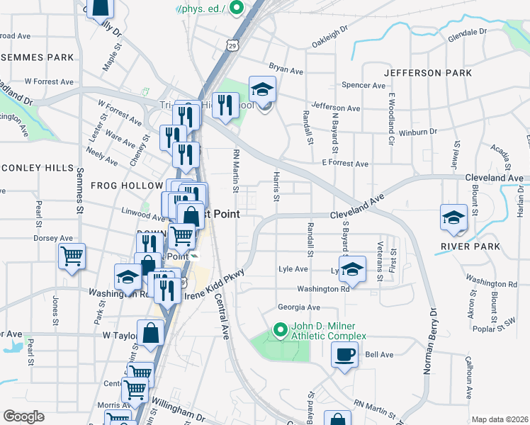 map of restaurants, bars, coffee shops, grocery stores, and more near 1449 East Cleveland Avenue in East Point