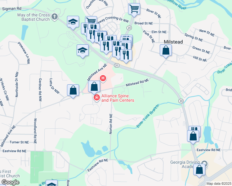 map of restaurants, bars, coffee shops, grocery stores, and more near 1377 Norton Road Northeast in Conyers