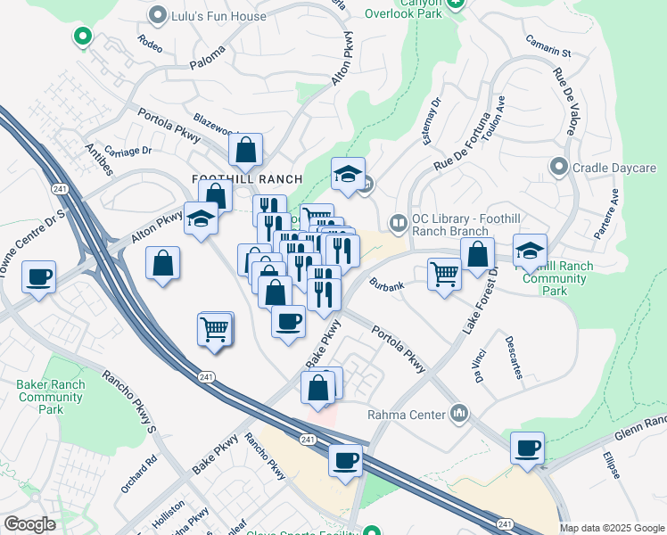 map of restaurants, bars, coffee shops, grocery stores, and more near 26801 Portola Parkway in Lake Forest