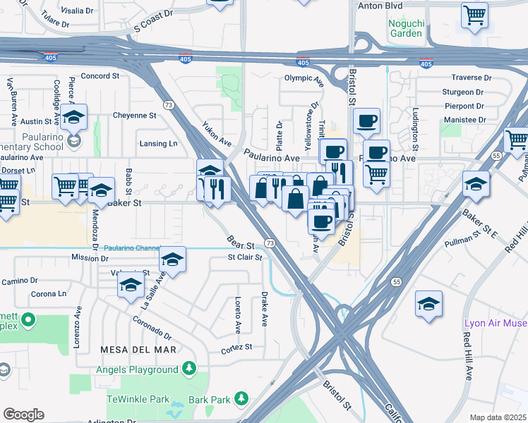 map of restaurants, bars, coffee shops, grocery stores, and more near 845 Baker Street in Costa Mesa