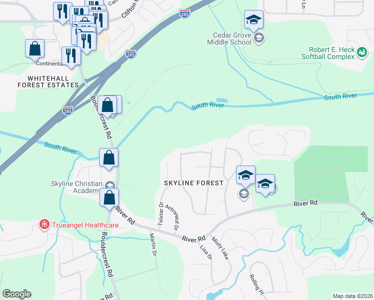 map of restaurants, bars, coffee shops, grocery stores, and more near 2154 Satellite Way in Ellenwood