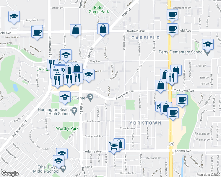 map of restaurants, bars, coffee shops, grocery stores, and more near 19601 Ranch Lane in Huntington Beach