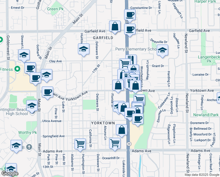 map of restaurants, bars, coffee shops, grocery stores, and more near in Huntington Beach