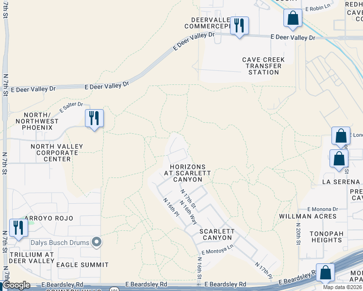 map of restaurants, bars, coffee shops, grocery stores, and more near 1734 East Quail Avenue in Phoenix