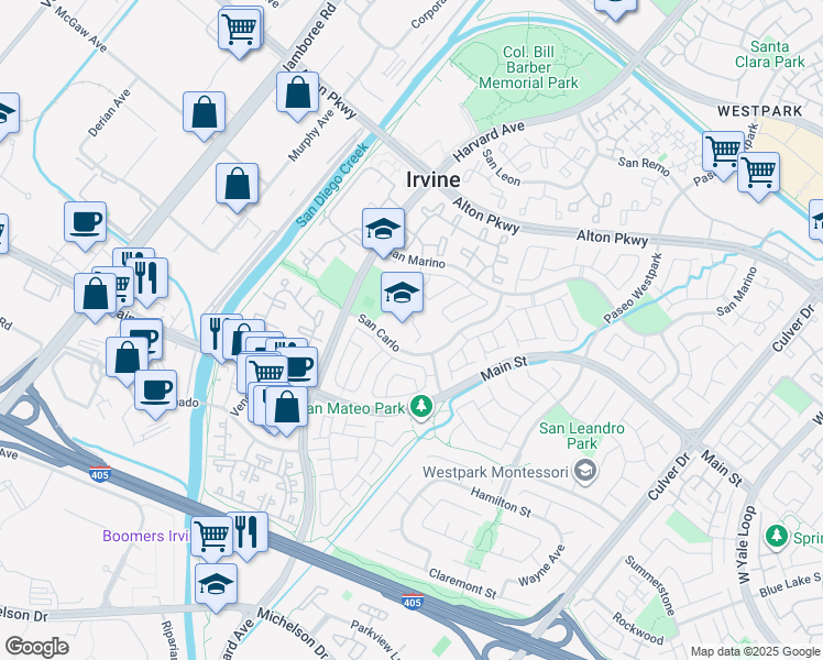 map of restaurants, bars, coffee shops, grocery stores, and more near 25 San Carlo in Irvine