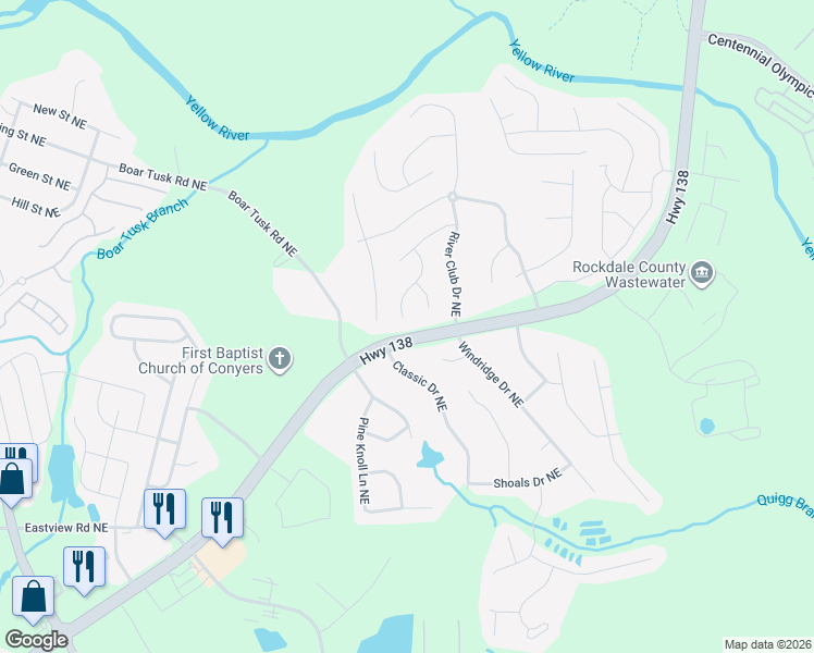 map of restaurants, bars, coffee shops, grocery stores, and more near 1549 Riverbrooke Way Northeast in Conyers