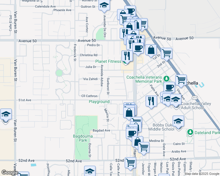 map of restaurants, bars, coffee shops, grocery stores, and more near 50782 Sunburst Street in Coachella