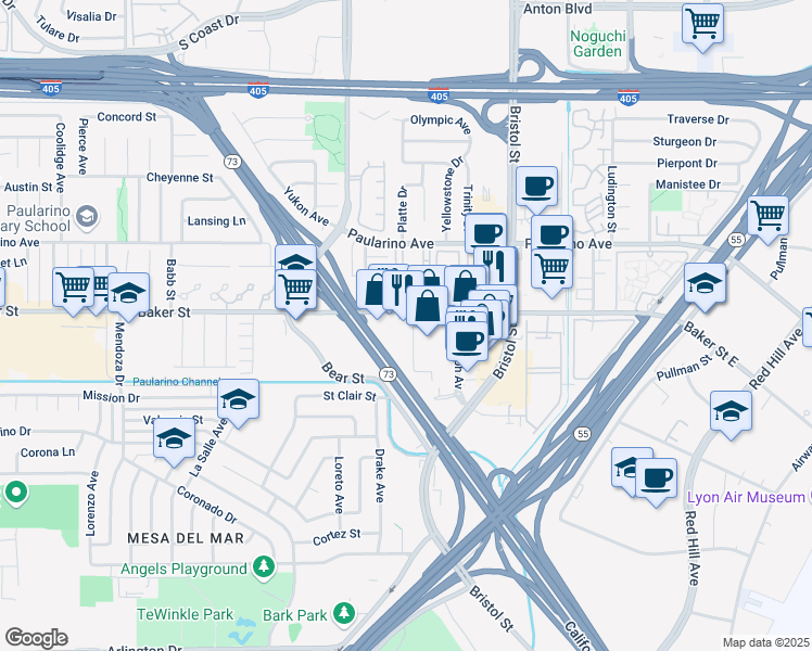 map of restaurants, bars, coffee shops, grocery stores, and more near 2972 Century Place in Costa Mesa