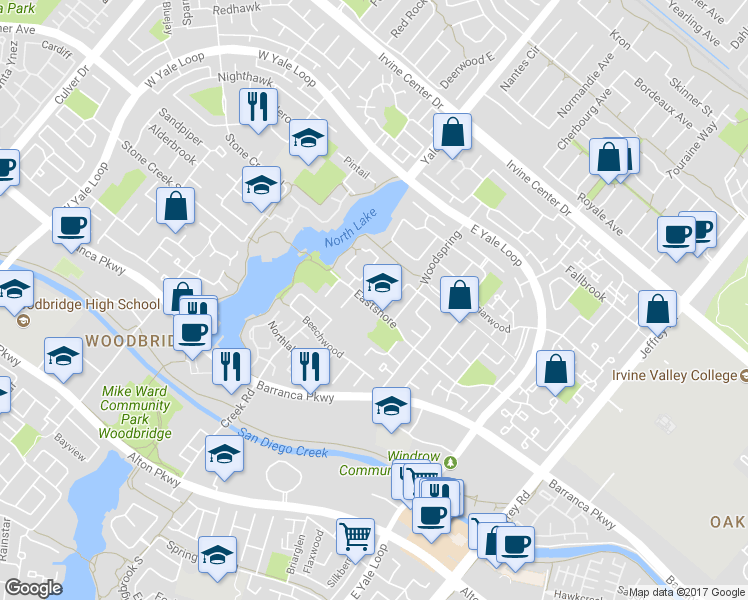 map of restaurants, bars, coffee shops, grocery stores, and more near 6 Suncreek in Irvine