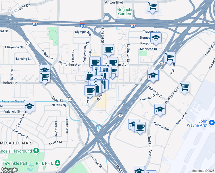 map of restaurants, bars, coffee shops, grocery stores, and more near 687 Baker Street in Costa Mesa