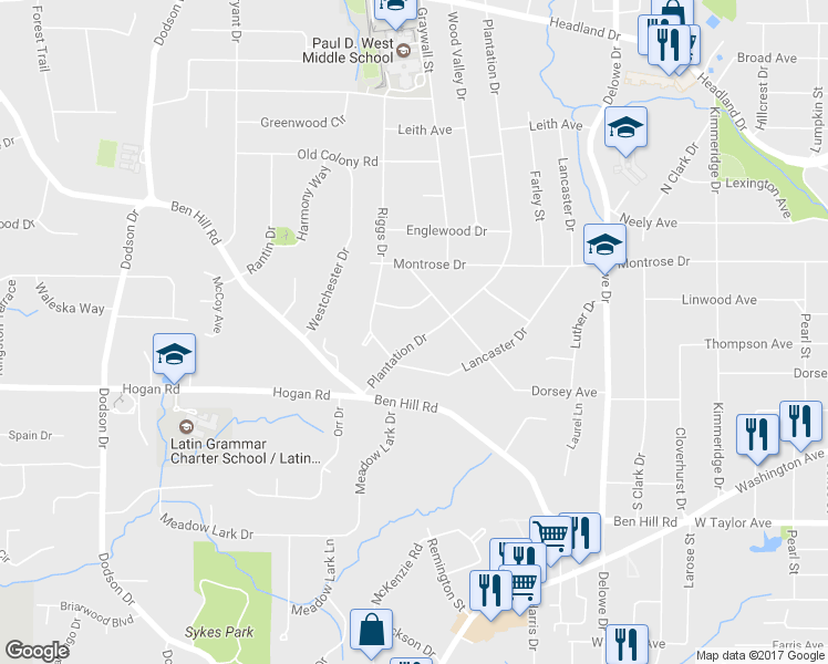 map of restaurants, bars, coffee shops, grocery stores, and more near 2787 Plantation Dr in East Point