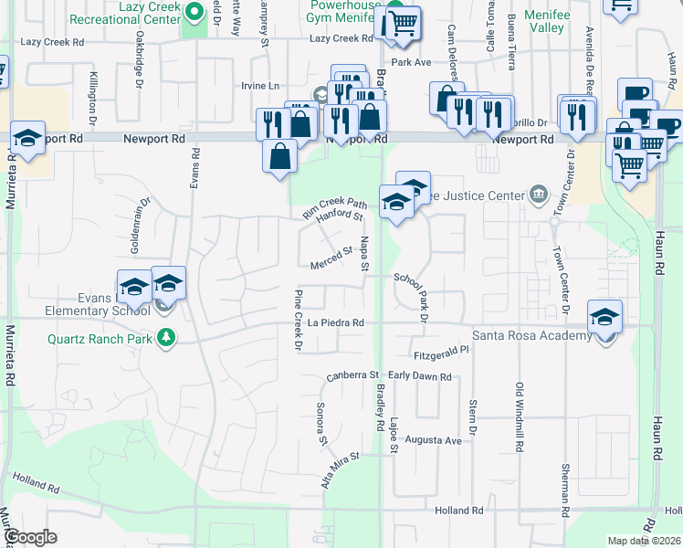 map of restaurants, bars, coffee shops, grocery stores, and more near 30303 San Rafael Street in Menifee