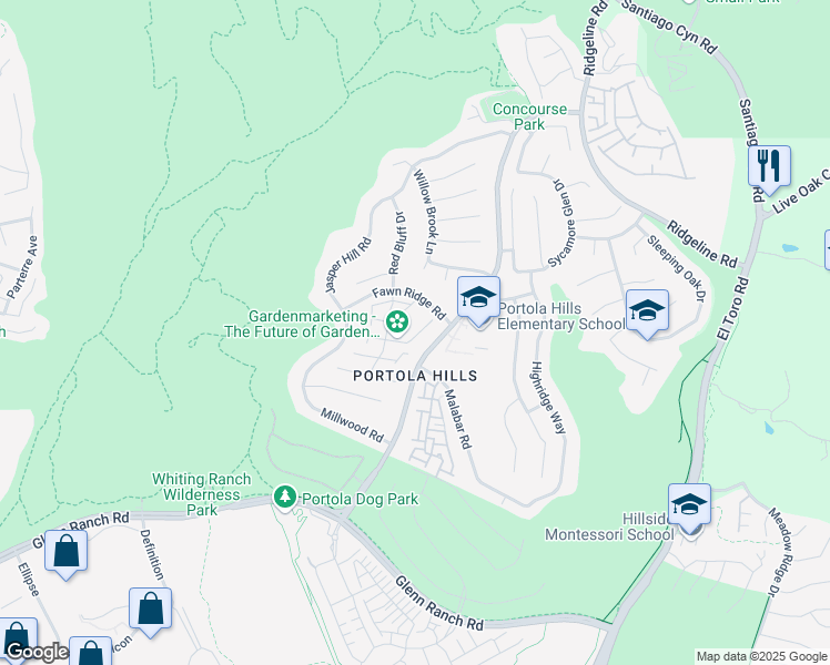 map of restaurants, bars, coffee shops, grocery stores, and more near 28435 Klondike Drive in Trabuco Canyon