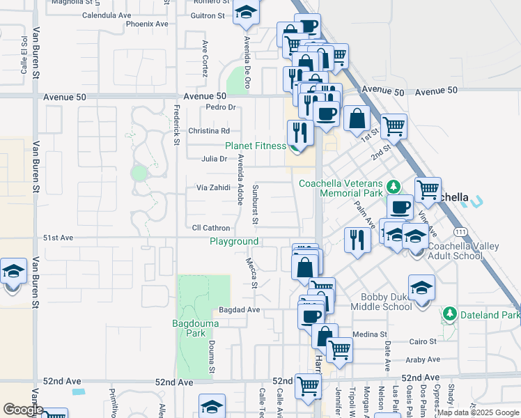 map of restaurants, bars, coffee shops, grocery stores, and more near 50801 Sunburst Street in Coachella
