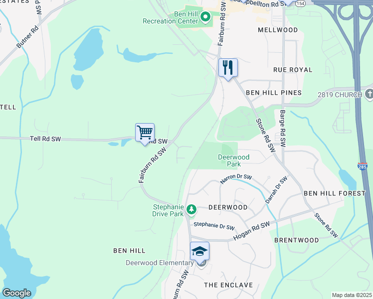 map of restaurants, bars, coffee shops, grocery stores, and more near 3682 Bradford Way in Atlanta