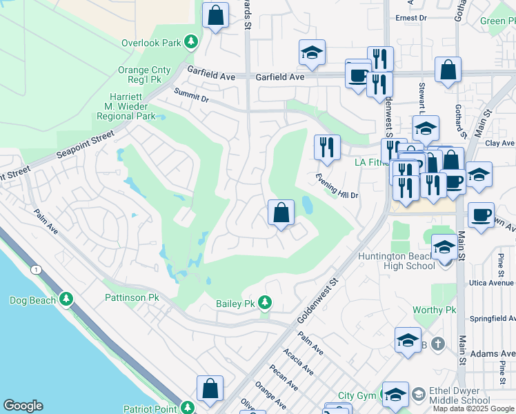 map of restaurants, bars, coffee shops, grocery stores, and more near 19506 Elderwood Circle in Huntington Beach