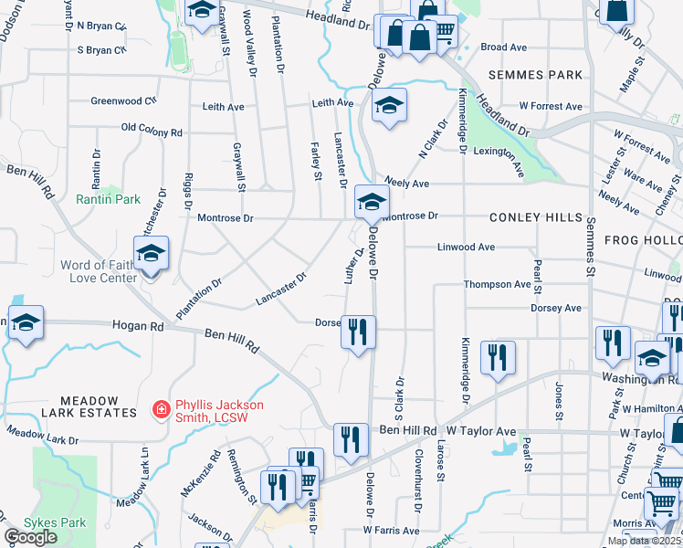 map of restaurants, bars, coffee shops, grocery stores, and more near 2777 Luther Drive in East Point