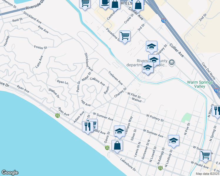 map of restaurants, bars, coffee shops, grocery stores, and more near Baum in Lake Elsinore