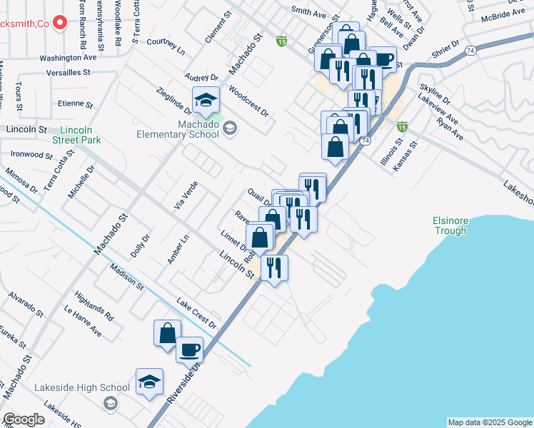 map of restaurants, bars, coffee shops, grocery stores, and more near 3580 Nashland Avenue in Lake Elsinore