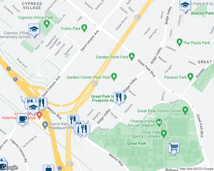 map of restaurants, bars, coffee shops, grocery stores, and more near 174 Augustine in Irvine