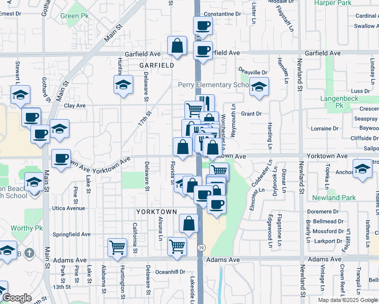 map of restaurants, bars, coffee shops, grocery stores, and more near 7971 Yorktown Avenue in Huntington Beach
