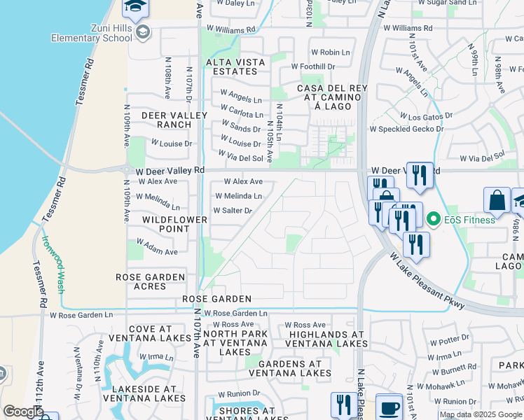 map of restaurants, bars, coffee shops, grocery stores, and more near 10523 West Desert Star Lane in Peoria
