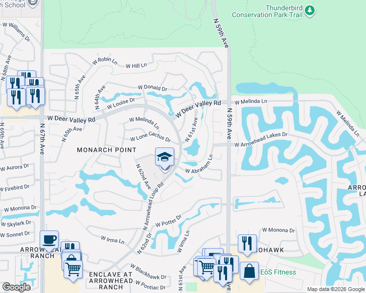 map of restaurants, bars, coffee shops, grocery stores, and more near 6217 West Lone Cactus Drive in Glendale