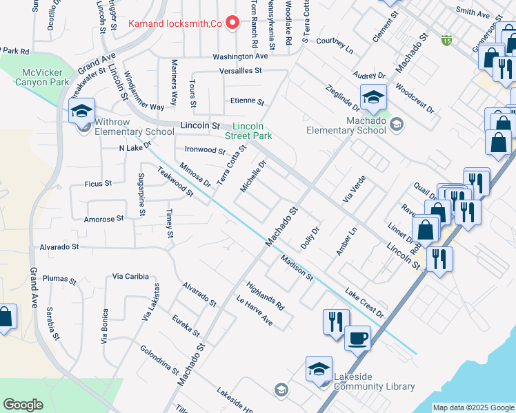 map of restaurants, bars, coffee shops, grocery stores, and more near 15069 Heather Lane in Lake Elsinore
