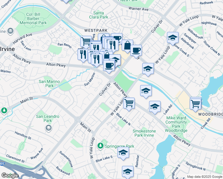 map of restaurants, bars, coffee shops, grocery stores, and more near 7 Woodleaf in Irvine