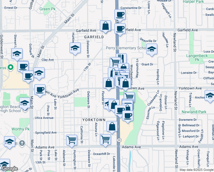 map of restaurants, bars, coffee shops, grocery stores, and more near 7971 Yorktown Avenue in Huntington Beach