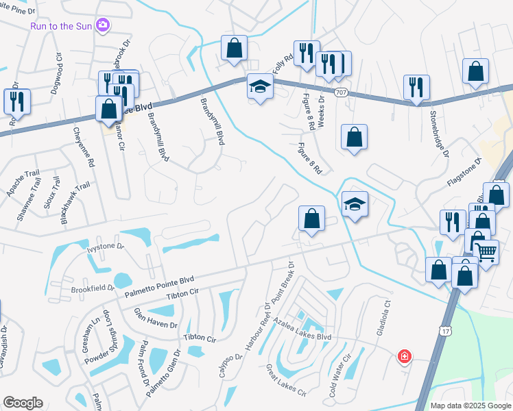 map of restaurants, bars, coffee shops, grocery stores, and more near 144 Olde Towne Way in Myrtle Beach