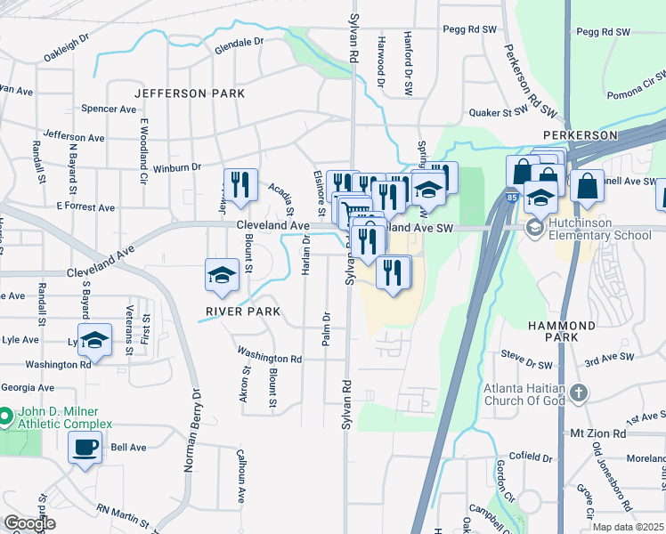 map of restaurants, bars, coffee shops, grocery stores, and more near 2767 Palm Drive in East Point
