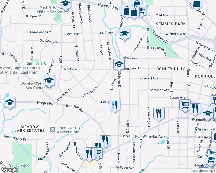 map of restaurants, bars, coffee shops, grocery stores, and more near 2777 Luther Drive in East Point