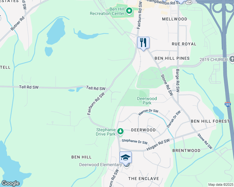 map of restaurants, bars, coffee shops, grocery stores, and more near 3682 Bradford Way in Atlanta