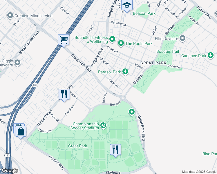 map of restaurants, bars, coffee shops, grocery stores, and more near 673 Beacon in Irvine