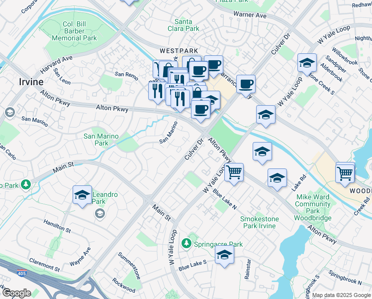 map of restaurants, bars, coffee shops, grocery stores, and more near 223 San Marino in Irvine