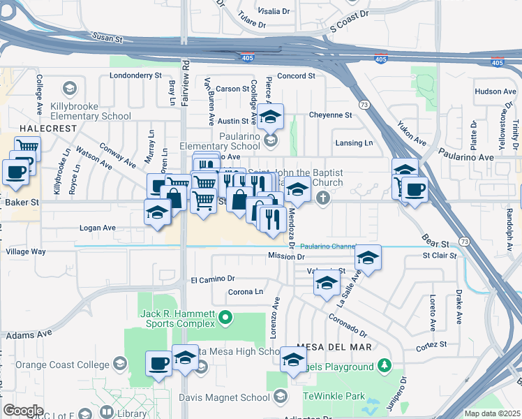 map of restaurants, bars, coffee shops, grocery stores, and more near 2991 Grace Lane in Costa Mesa