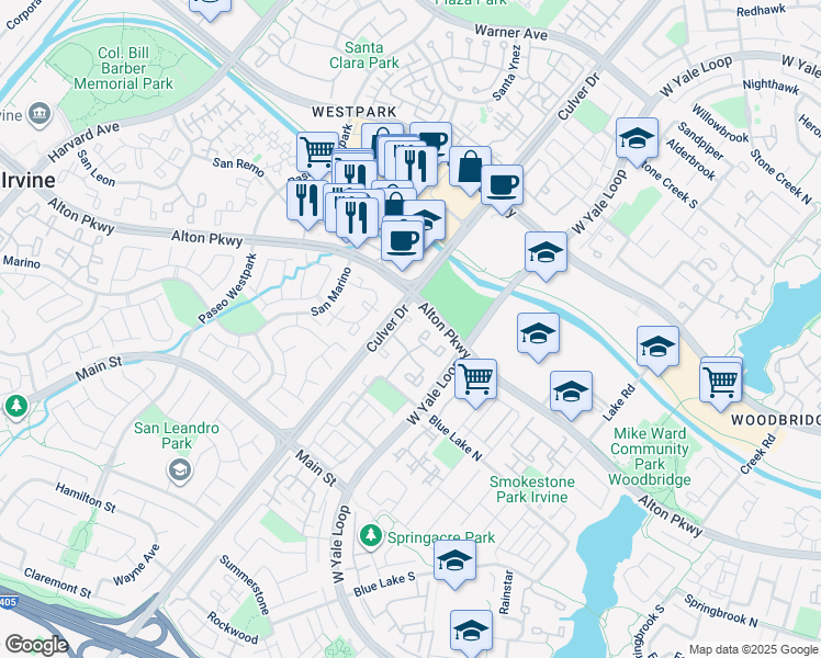 map of restaurants, bars, coffee shops, grocery stores, and more near 145 Greenfield in Irvine